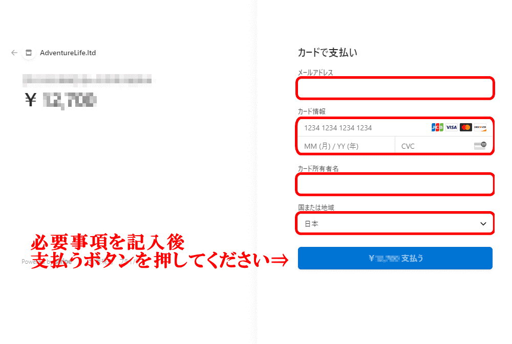 必要事項を記入後、支払うボタンを教えてください